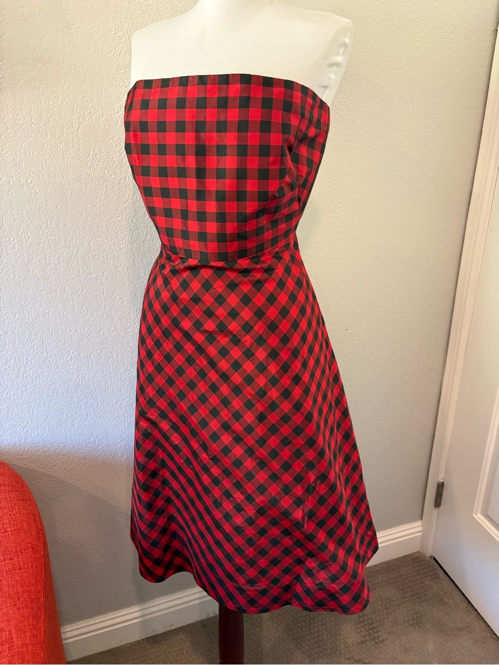 J. Crew vintage silk red black buffalo check strapless midi dress size 10